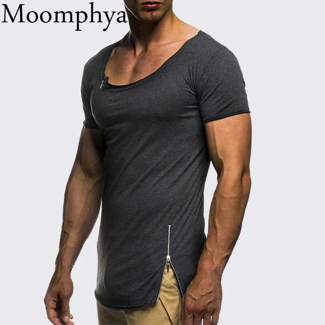 Moomphya Zipper neck men t shirt Solid color side zip t-shirt men Slim Fit longline tshirt streetwear hip hop Cool summer tops