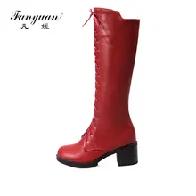 Fanyuan/размеры 34-43, новые женские ботинки модные женские сапоги на молнии, на шнуровке, черного и красного цвета высокие сапоги до колена из pu искусственной кожи высокого качества на квадратном каблуке