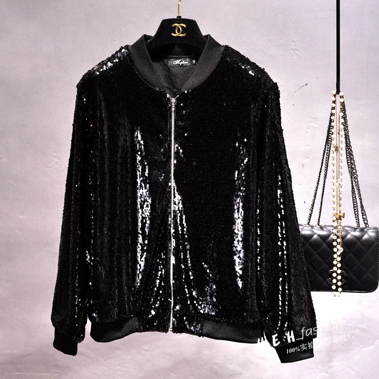 Cakucool женские куртки-бомберы с блестками верхняя одежда на молнии с длинным рукавом золотистое черное пальто, расшитые бисером женские куртки Плюс