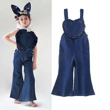 Весенне-летний джинсовый комбинезон для малышей, расклешенные комбинезоны для девочек, детский комбинезон, подвеска для детей, брюки с плиссированным узором в виде сердца для детей от 1 до 7 лет
