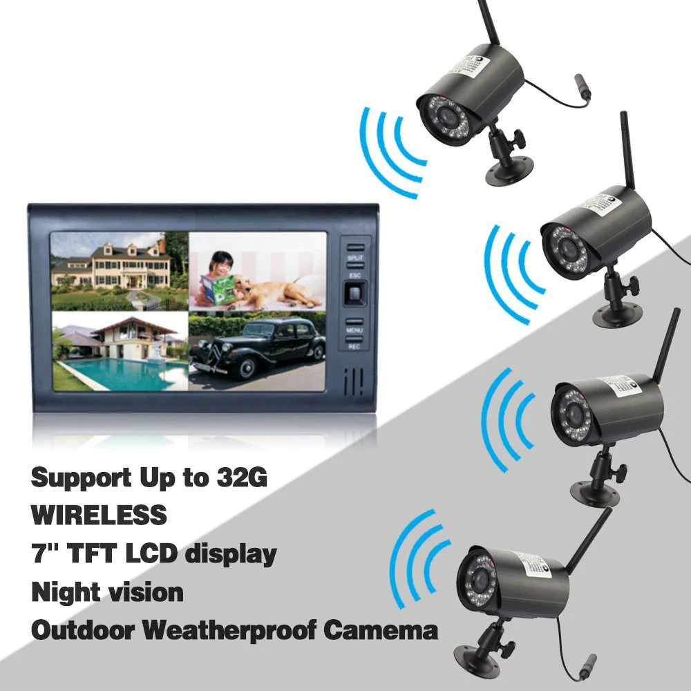 Digital Wireless 7" LCD Monitor SD Card Recording and 4 Long Range