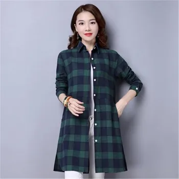 

New Women Fashion Plaid Shirts Turn-down Collar Female Long Style Blouses Long Sleeve Street Shirt Plus Size Cotton Tops Mw008