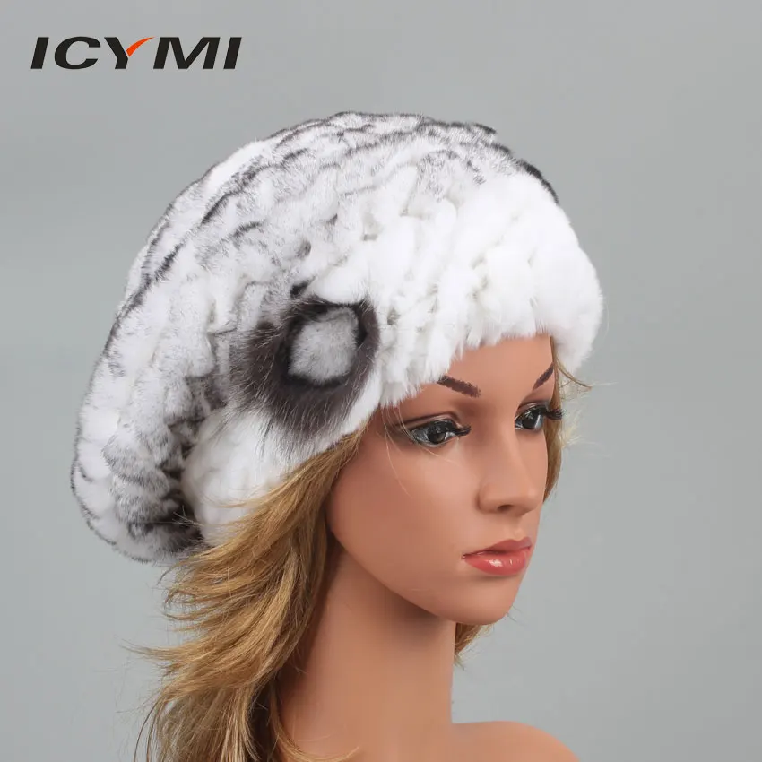 ICYMI женский берет, шапка, натуральная шапка из меха кролика Рекс, модная Высококачественная вязаная эластичная зимняя шапка из натурального меха для женщин