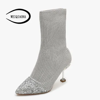 

SHUNRUYAN 2018 New Big Size 34-43 bling Fashion Design Women Shoes Winter Short Boots Crystal High Heels Pointed Toe Dress Shoes