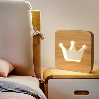 

Wood Carving Crown Shape Hollowed 3D Night Light USB Switch Control Table Lamp