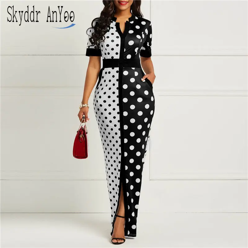 

Women Summer Bodycon Vestidos Polka Dot Short Sleeve Vintage Maxi Dress Plus Size 2XL Office Ladies Long Dresses Split Sexy Robe