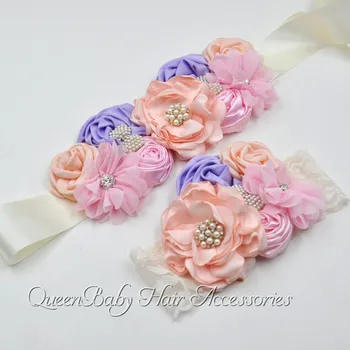 

Vintage Inspired Flower Sash Matching Lace Headband Maternity Belt Photo Prop