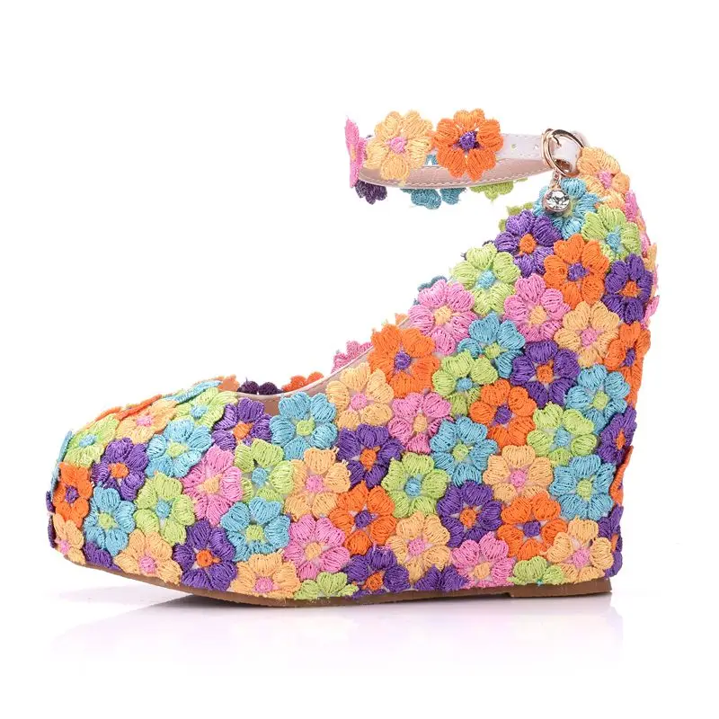 Crystal Queen Multicolor Flower Shining LACE Womens Wedge Shoes Wedding Shoes Matching bags Clutches 11CM High Heels Pumps Party