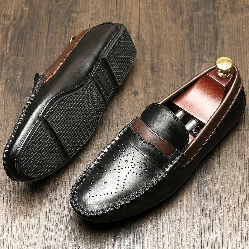 

HIGHT QUAILTY US Size Black Soft Genuine Leather Carved SLIP-ON Loafer Business Men Driving Car Shoes Lazy Man Boat Shoes