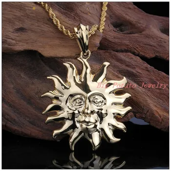

47*47mm 31g New Fashion Men's Roker Jewelry 316L Stainless Steel Gold Sun Pendant Necklace Exaggerated Gift
