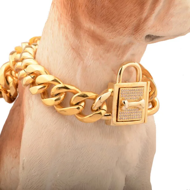 

19mm Dog Collar for Large Dogs Strong Gold Stainless Steel Chain Jewled Dogs Training Choke High Quality Pitbull Chain Collars 2