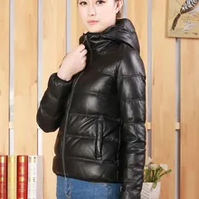 Женская куртка из натуральной овечьей кожи на утином пуху с капюшоном, женская теплая парка, куртка черного цвета, большие размеры xxxl 2xl 3xl