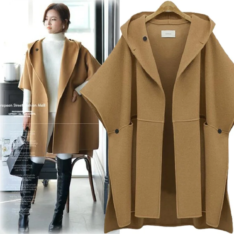 

XL-5XL Plus Size Casual Women Coats 2019 Winter Hooded Woolen Coat Loose Cloak Jackets Batwing Sleeve Female Vestidos Big Yards