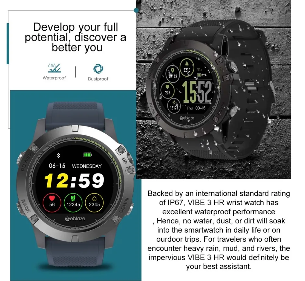 Zeblaze VIBE 3 HR умные часы IP67 водонепроницаемые носимые устройства монитор сердечного ритма шагомер калорий спортивные цифровые умные часы для мужчин