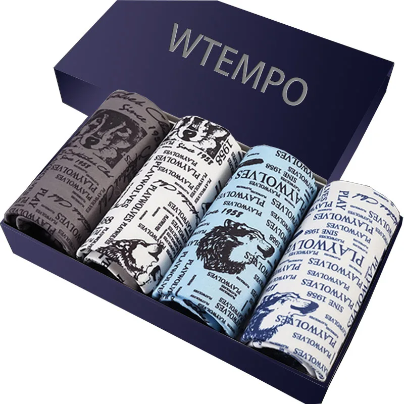 Бренд WTEMPO, мужские боксеры, мужское нижнее белье, большие короткие дышащие шорты с принтом, боксеры, сексуальные стильные трусы, 4 шт./лот