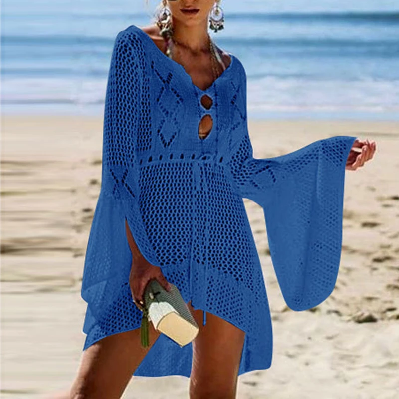 Однотонное купальное платье с длинным рукавом Женская открытая пляжная богемная