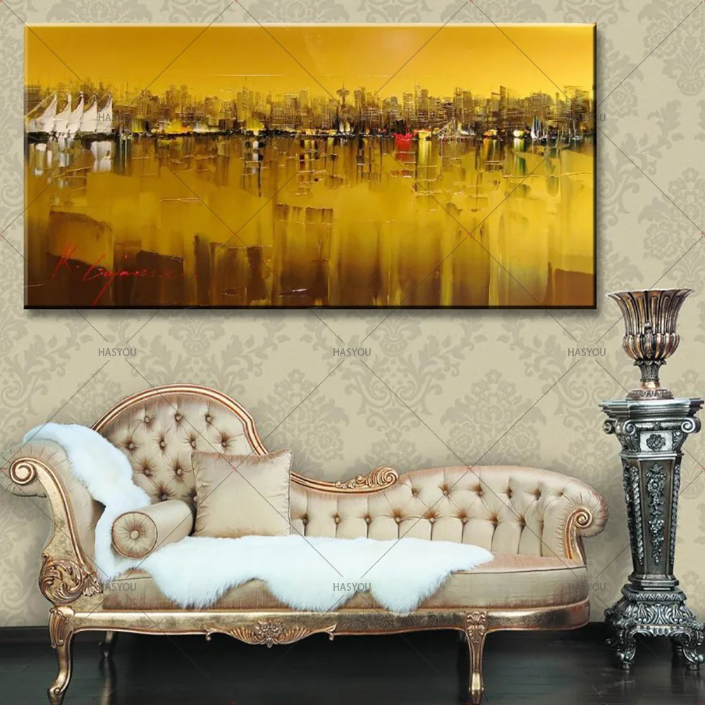 

Modern Hand Painted Abstract Textured Yellow Landscape city Oil Painting on Canvas Buildings Wall Art For Living Room Office