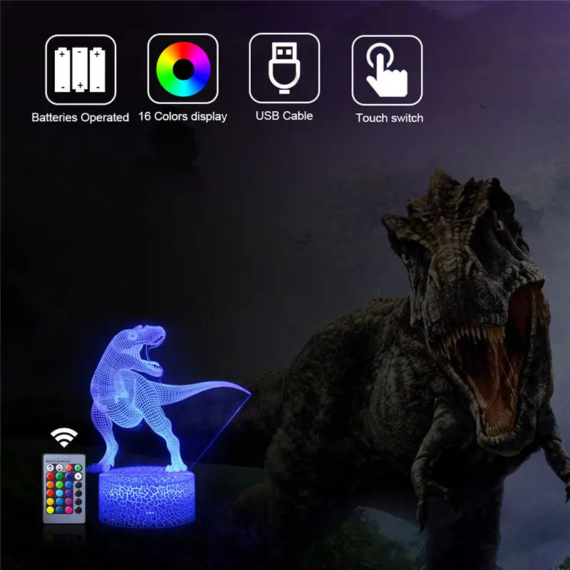 16 цветов динозавр светодиодный 3D ночник мультяшный модный пульт дистанционного управления Настольная лампа для детей Рождественский подарок на день рождения детская игрушка