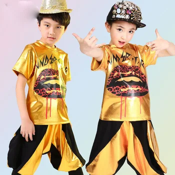 

Sequined Children's Gold Jazz Tops+sweatpants Boys Girls Hip Hop Performance Dancewear Outfits Kids Adults Party dance costumes