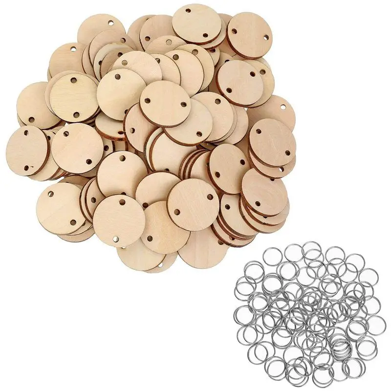 100 штук круглые деревянные диски с отверстиями на день рождения бирки из дерева и 100 штук 15 мм кольца для искусства и ремесел(3 см - Цвет: wood color