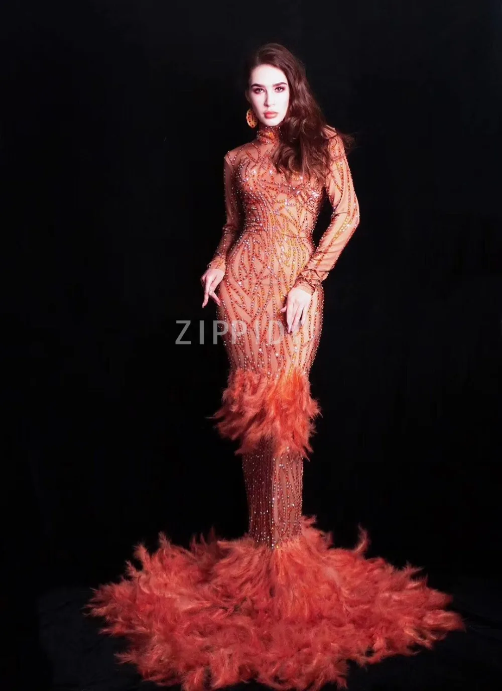 

New Red Rhinestones Feather Dress Birthday Celebrate Women Dress Prom Evening Stage Singer Dancer Long Train Dress