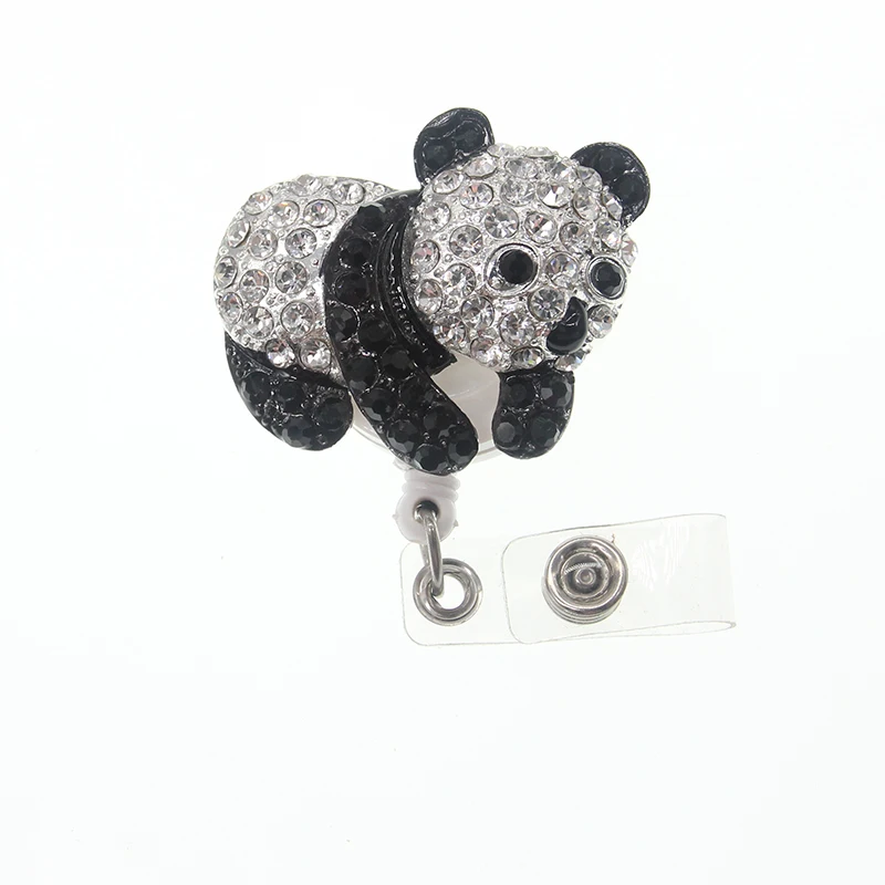 

custom panda animal rhinestone retractable badge holder pull reels with alligator clip