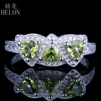 

HELON Solid 14K (AU585) White Gold Certified Trillion 4MM Genuine Peridot Engagement Ring Women Wedding Vintage Art Deco Jewelry