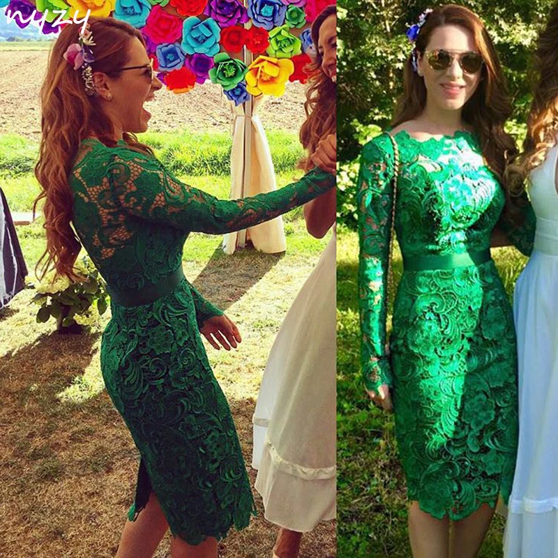 NYZY C2 Elegant Formal Dress Wedding Party Homecoming Lace Long Sleeves Green Cocktail Dress