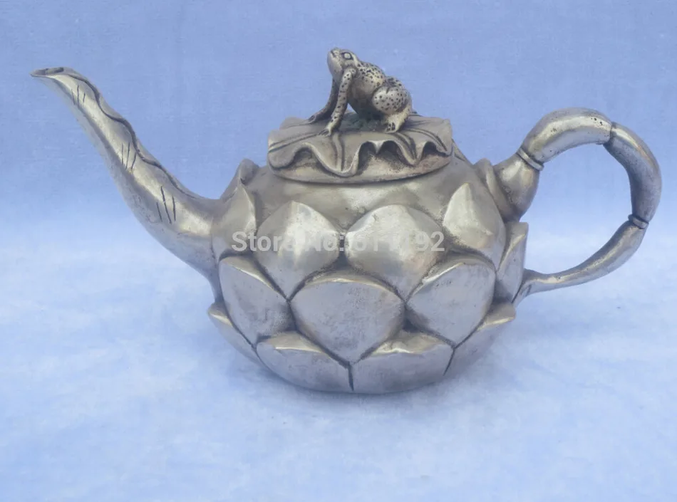 Chinese Antiques Tibetan silver hand-carved lotus teapot wine pot
