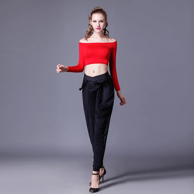 Latin Dancing Pants Women's New High Waist Tassel Harem Pants Big Red