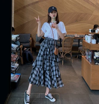 

Summer Women Sets Clothes Pullover O-neck White Short Sleeves Tops Mid-calf Plaid Skirts Casual 2 Piece Set Women Brief