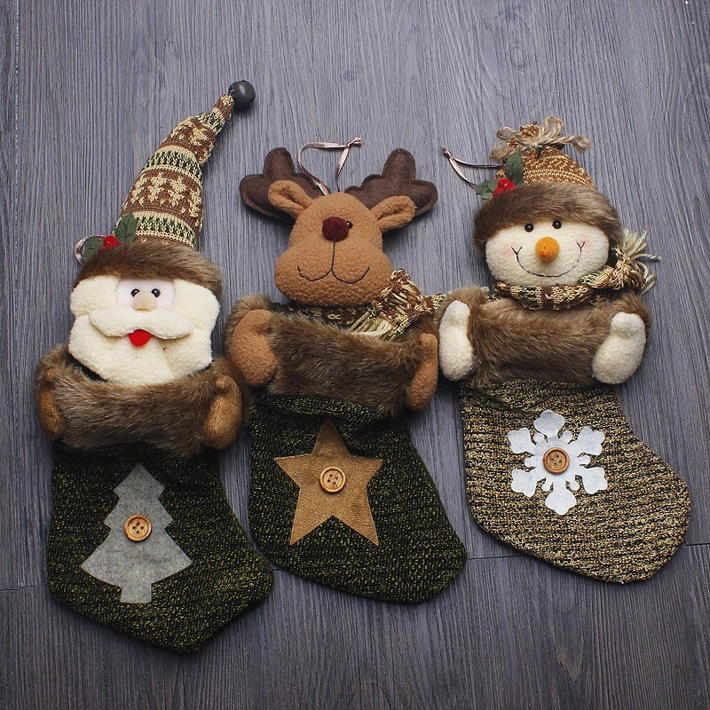 

3pcs/lot Christmas candy bags decorations for home Christmas stocking 3d snowman socks snowflake Christmas gift bags 34*15cm elk