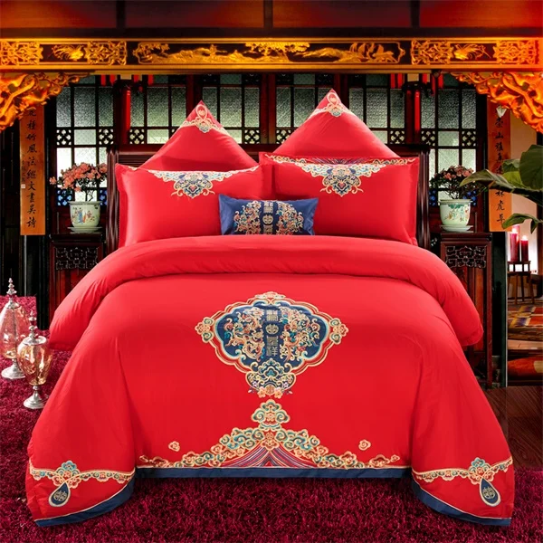 Традиционное китайское свадебное постельное белье набор Королева Король Размер тематика "Счастье для двоих" Дракон Феникс павлин вышитые хлопковые пододеяльники - Цвет: 4