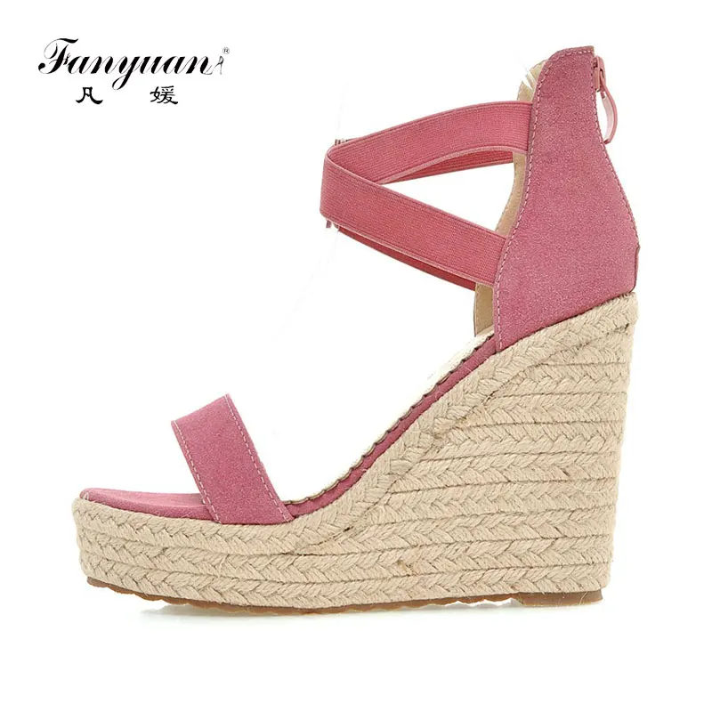 

Fanyuan sandalias feminina Summer high Heels women Platform Wedge Sandals Zipper Ankle-Wrap Sandals concise bride Wedding shoes