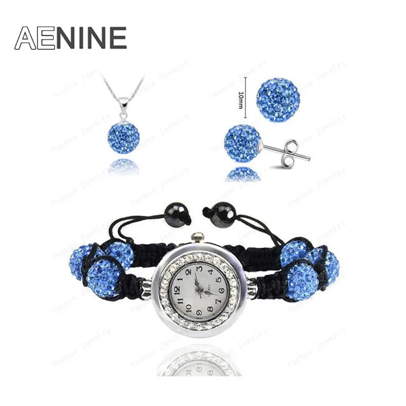 AENINE комплекты с часами ожерелье+ браслет+ серьги ювелирные изделия с кристаллами комплекты с часами 10 мм микро проложенный диско бусины наборы ювелирных изделий с кристаллами SHSE11