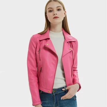 

Fashion Turn-down Collar Diagonal zipper PU Women's Jacket Spring Women's Faux Leather Jacket Slim Lapel Motorcycle Jacket