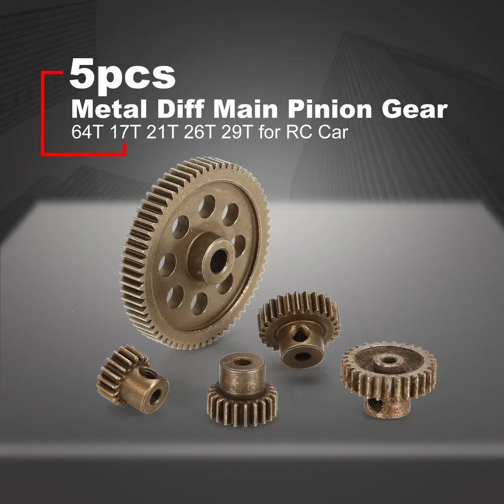 

5pcs Metal Diff Differential Main Gear 5MM 64T Motor Pinion Gears 3.17MM 17T 21T 26T 29T for Hsp Redca Traxxas 11164 RC Car