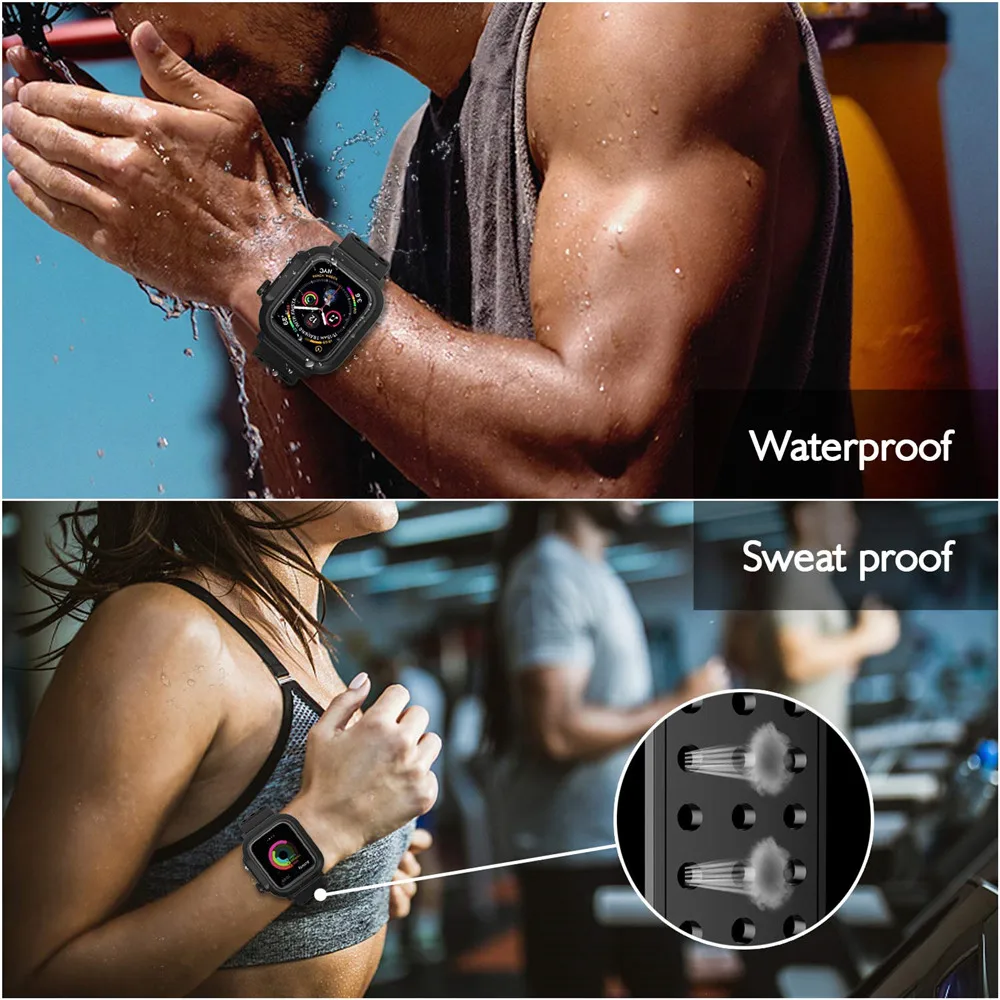 Black Silicone Waterproof Sport Watch Case For Apple Watch Band 38mm 42mm 40mm 44mm Breathable Bracelet Strap For iWatch 2 3 4 5