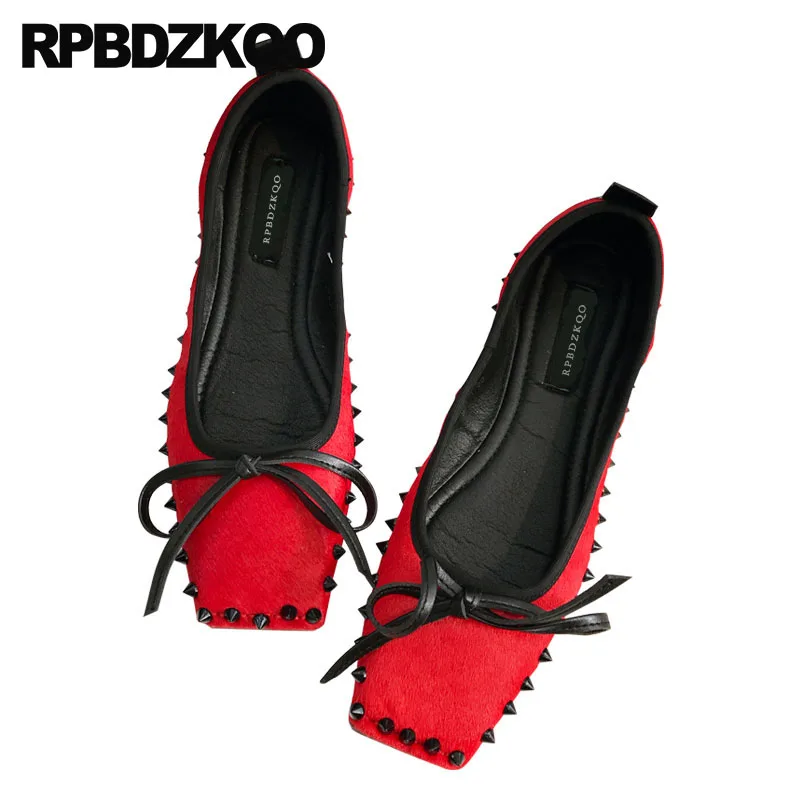

Chinese Metal Flats Wedding Bow Women Shoes With Little Cute Bowtie Rivet Unique Square Toe Handmade Black Chic Red Rock Stud