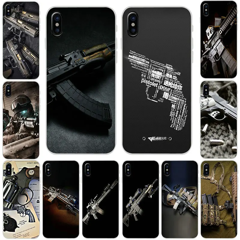 

Soft TPU Mobile Phone Accessories Case for iPhone 8 7 6 6S Plus X XR XS Max 10 5 5S SE 5C Shell Hot Gun Bullets Ak47 Handgun