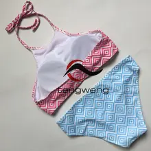 2017 Sexy High Neck Padded Bikini Pink Swimsuit Top Blue Swimwear Bottom 2 Piece Push up Print Bathing Suit Beachwear Brazilian