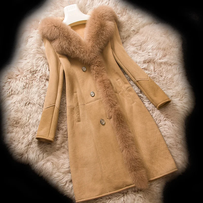 Real Fur Hooded Genuine Leather Jacket Women Long Real