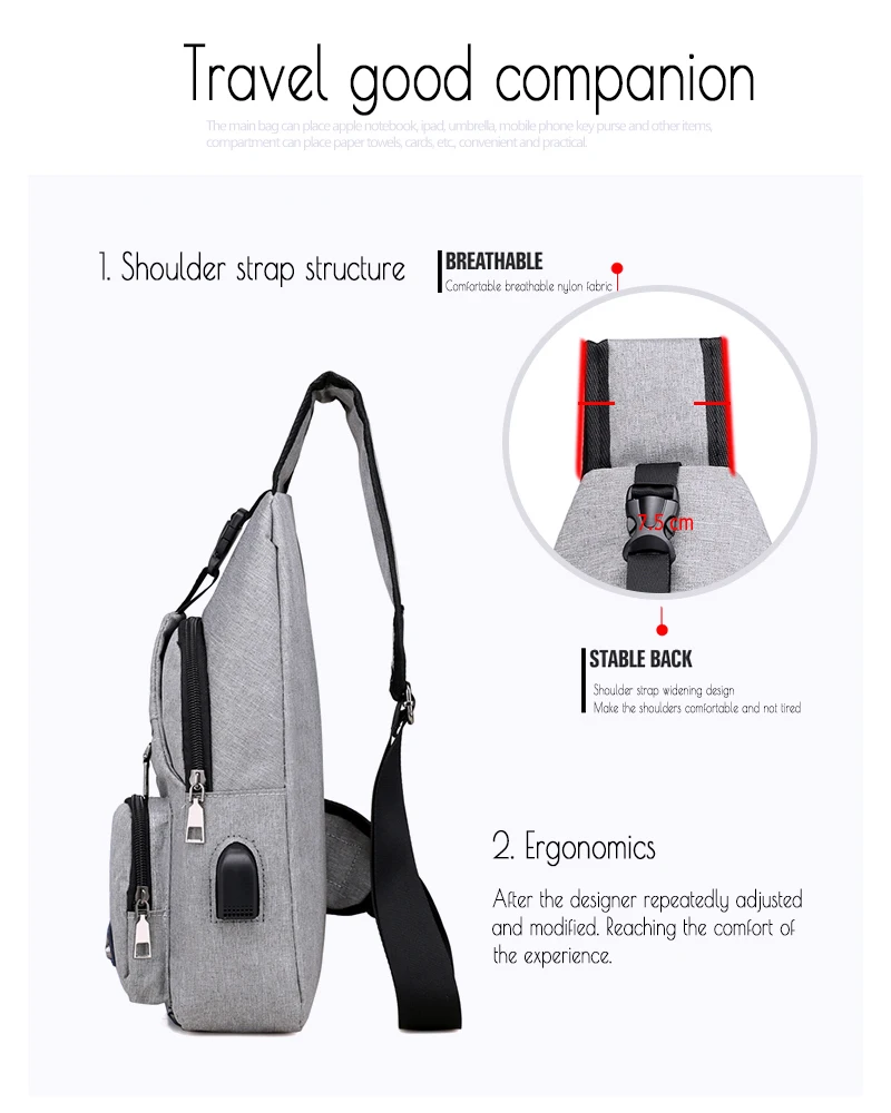 WANGKA слинг через плечо USB зарядка нагрудная сумка для мужчин повседневная многофункциональная водонепроницаемая сумка через плечо женская короткая дорожная горячая распродажа