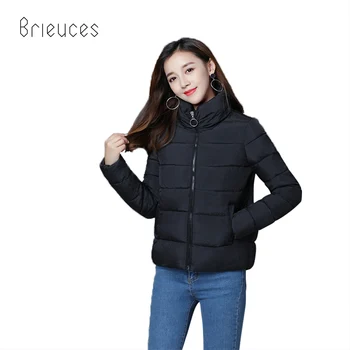 

Brieuces autumn winter new solid stand collar zipper cotton coat women high quality loose short parka women
