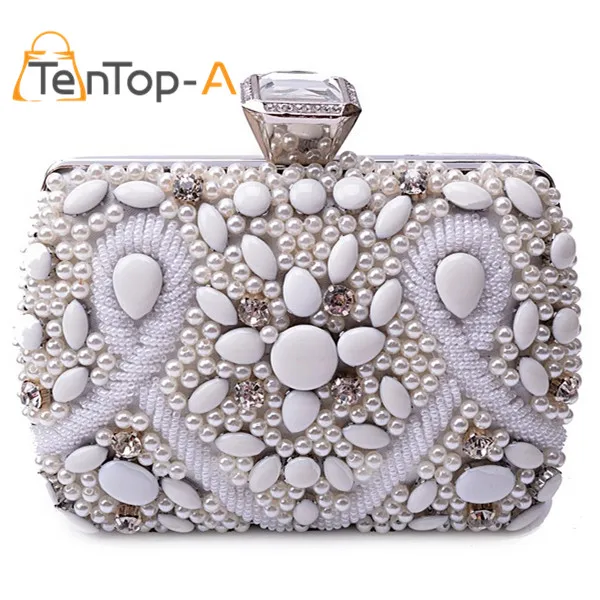 ФОТО TenTop-A Silver Pearls Beaded Diamond Evening bag Three-dimensional Party bag purse handbag clutches bags Bridal Pouch Hard Case