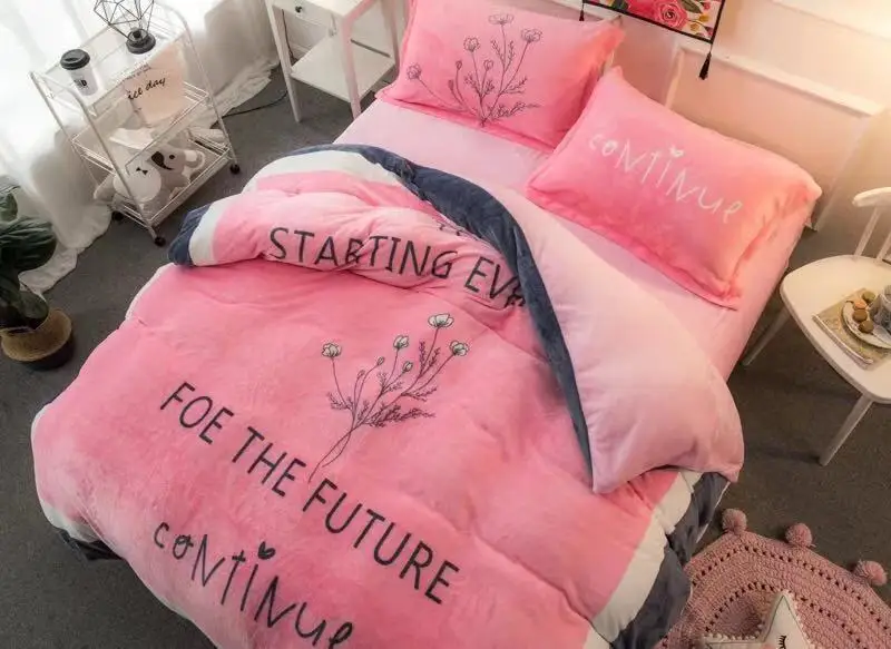 

Coral Fleece Bedding Set Flannel Winter warm striped quilt cover Coral velvet sports bedding sets duvet cover set Queen king si