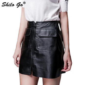 

Leather Skirt Autumn Fashion sheepskin genuine leather Skirt high waist sexy front zipper double front pocket skirt
