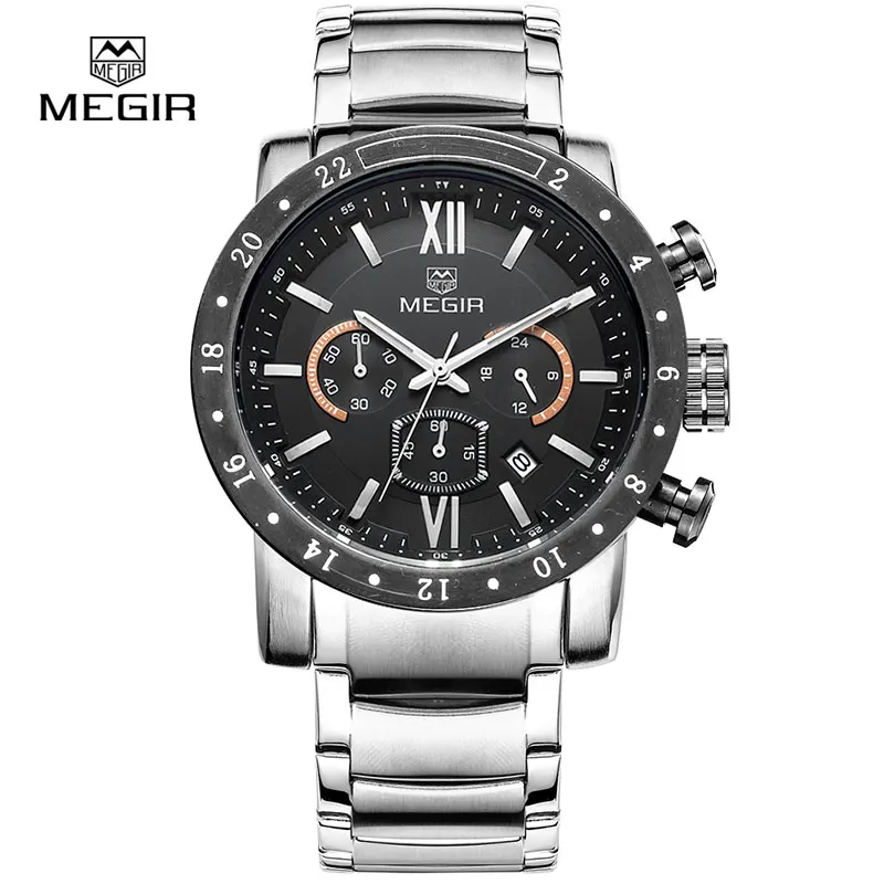 Топ люксовый бренд MEGIR спортивные мужские кварцевые часы стальной ремешок мужские s часы спортивные военные наручные часы водонепроницаемые Relogio - Цвет: MS3008G-SILVER BLACK