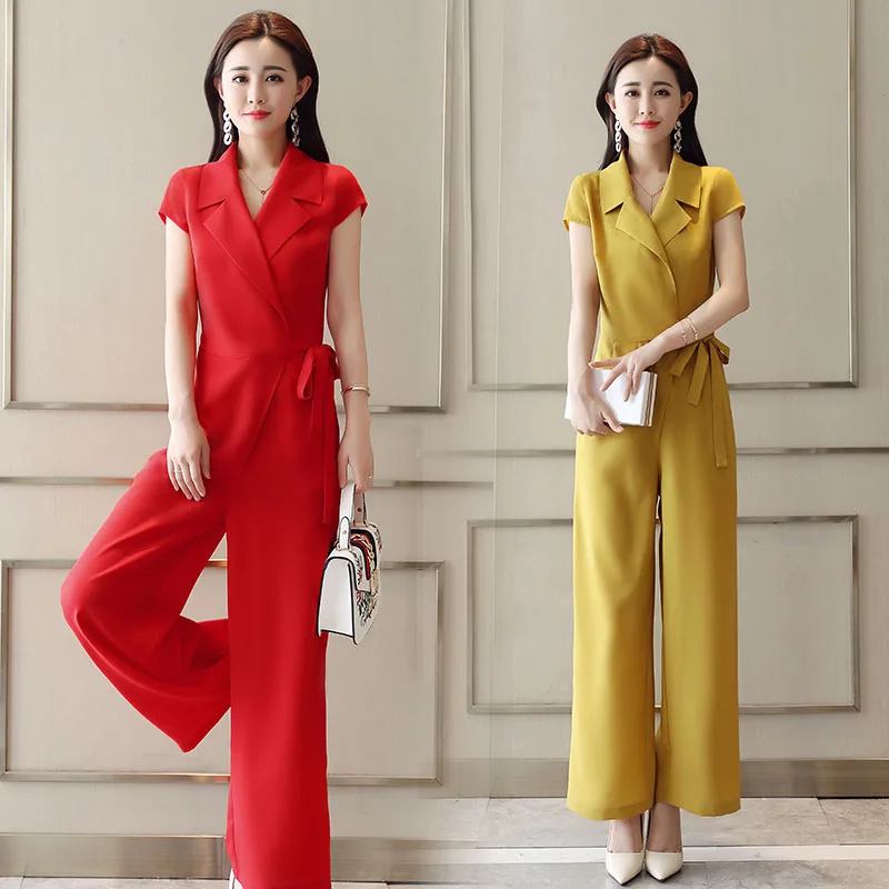 

New 2019 Women Summer Elegant Office Jumpsuits Lady Solid Fashion Wide Leg Romper With Belt