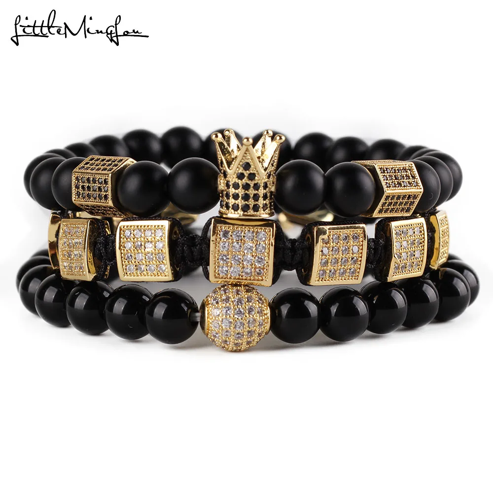 3pcs/set Natural Stone Beads Men Bracelet Set CZ Copper Square Braiding Hexagon Crown Ball Charms Bracelets & Bangles Jewelry